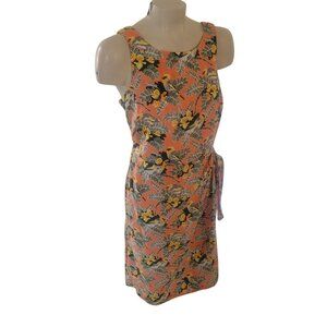 Tropical Floral Sleeveless Orange Dress With Bird Print & Waist Tie - Womens Vin